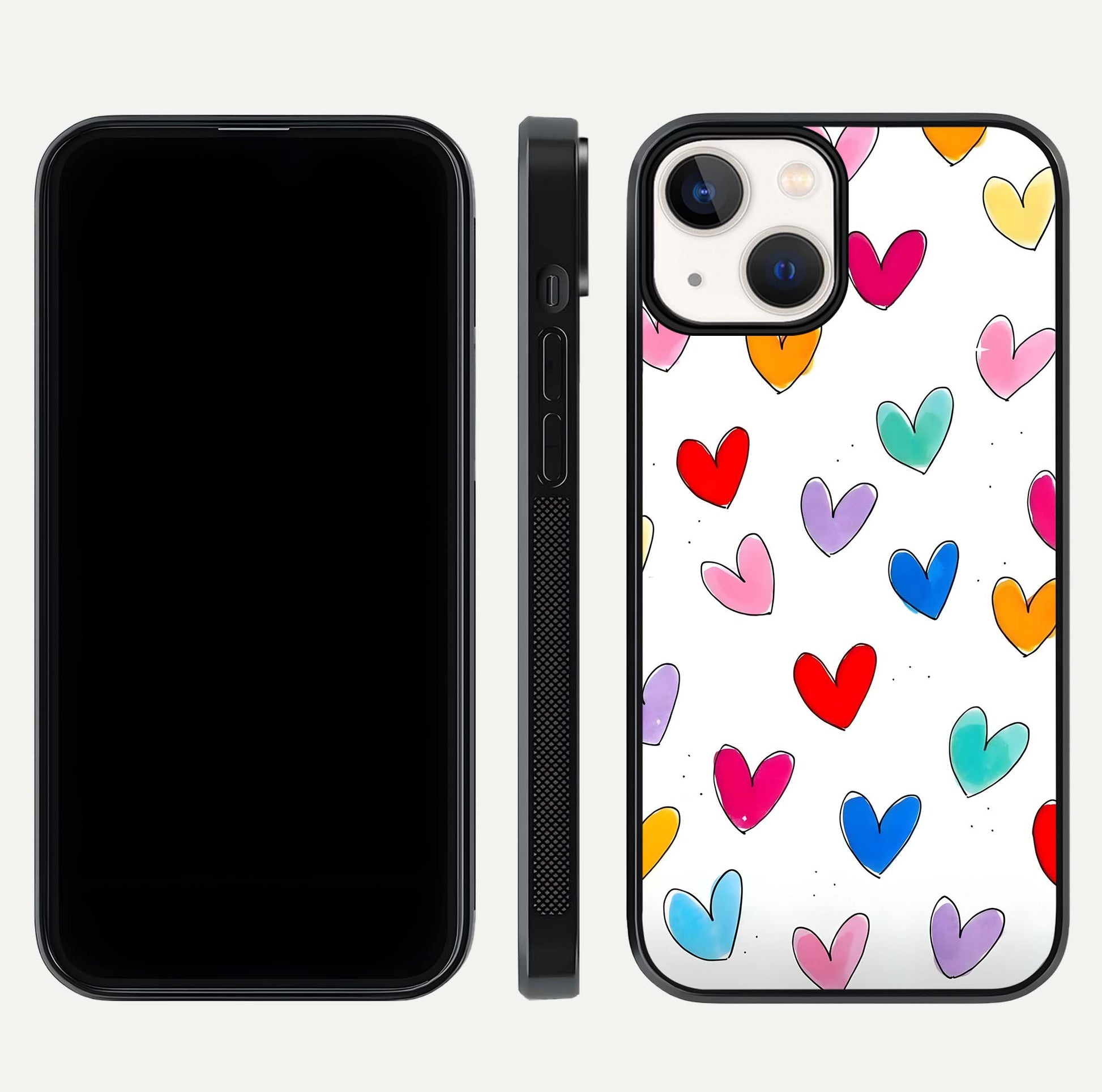 Playful Love Doodles iPhone 13 Mini glass phone case front and side layout view showing slim build and full doodle coverage