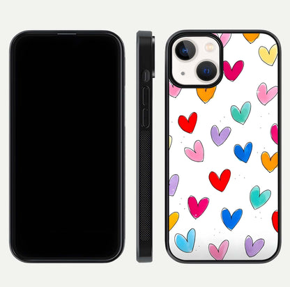 Playful Love Doodles iPhone 13 Mini glass phone case front and side layout view showing slim build and full doodle coverage