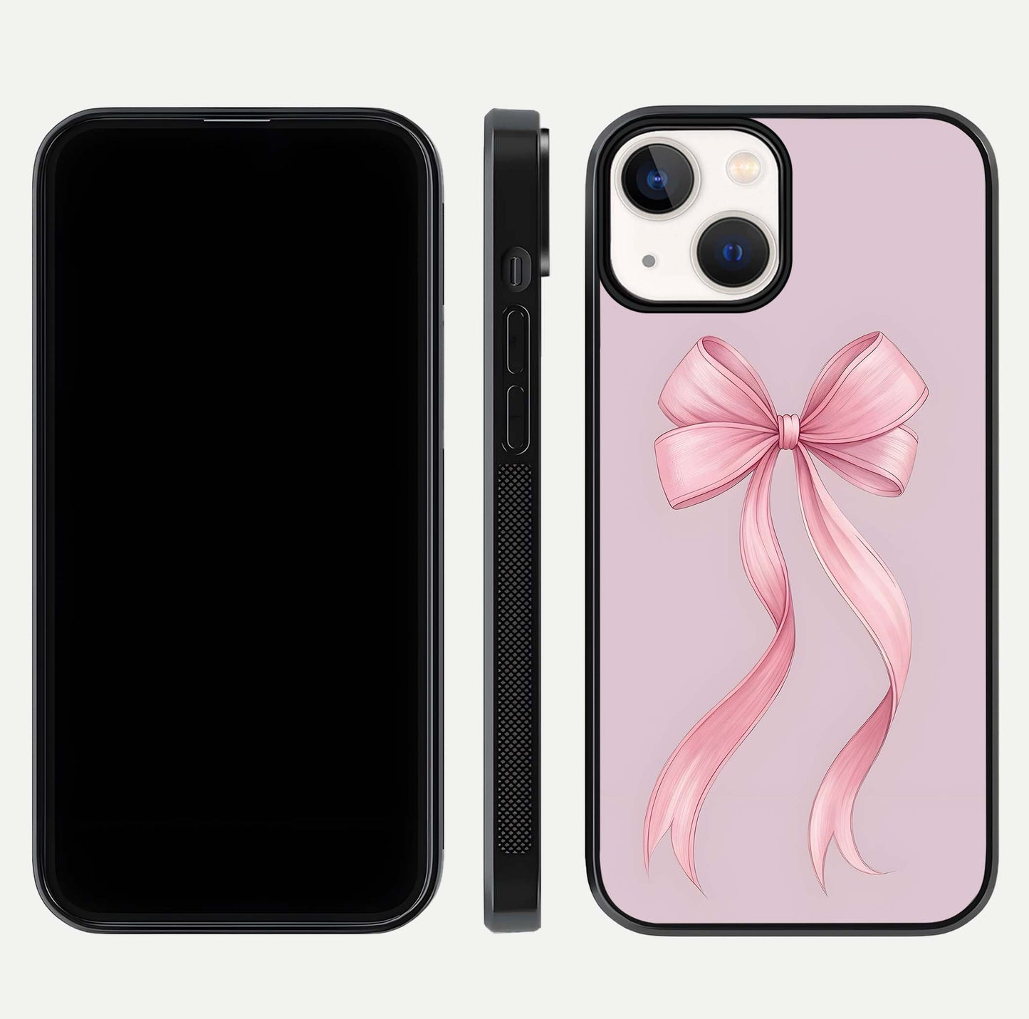 Soft Blush Bow iPhone 13 Mini glass phone case front and side layout view displaying slim profile and gentle aesthetic