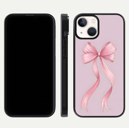 Soft Blush Bow iPhone 13 Mini glass phone case front and side layout view displaying slim profile and gentle aesthetic