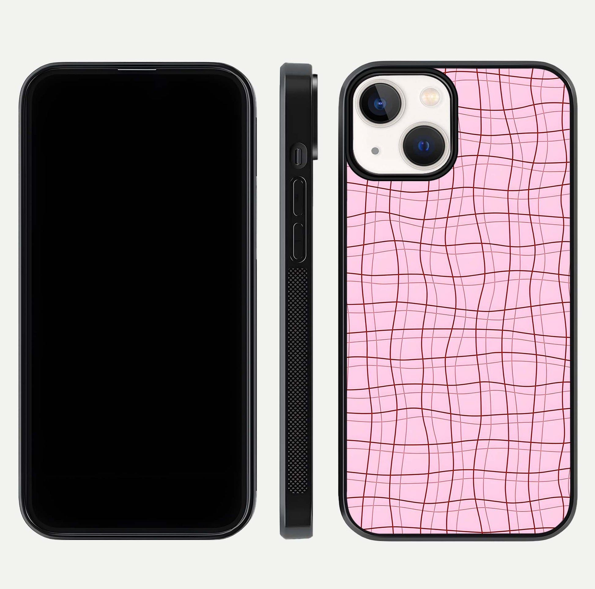 Soft Grid Bliss iPhone 13 Mini glass phone case front and side layout view displaying slim profile and clean design