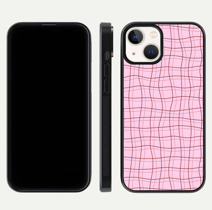 Soft Grid Bliss iPhone 13 Mini glass phone case front and side layout view displaying slim profile and clean design