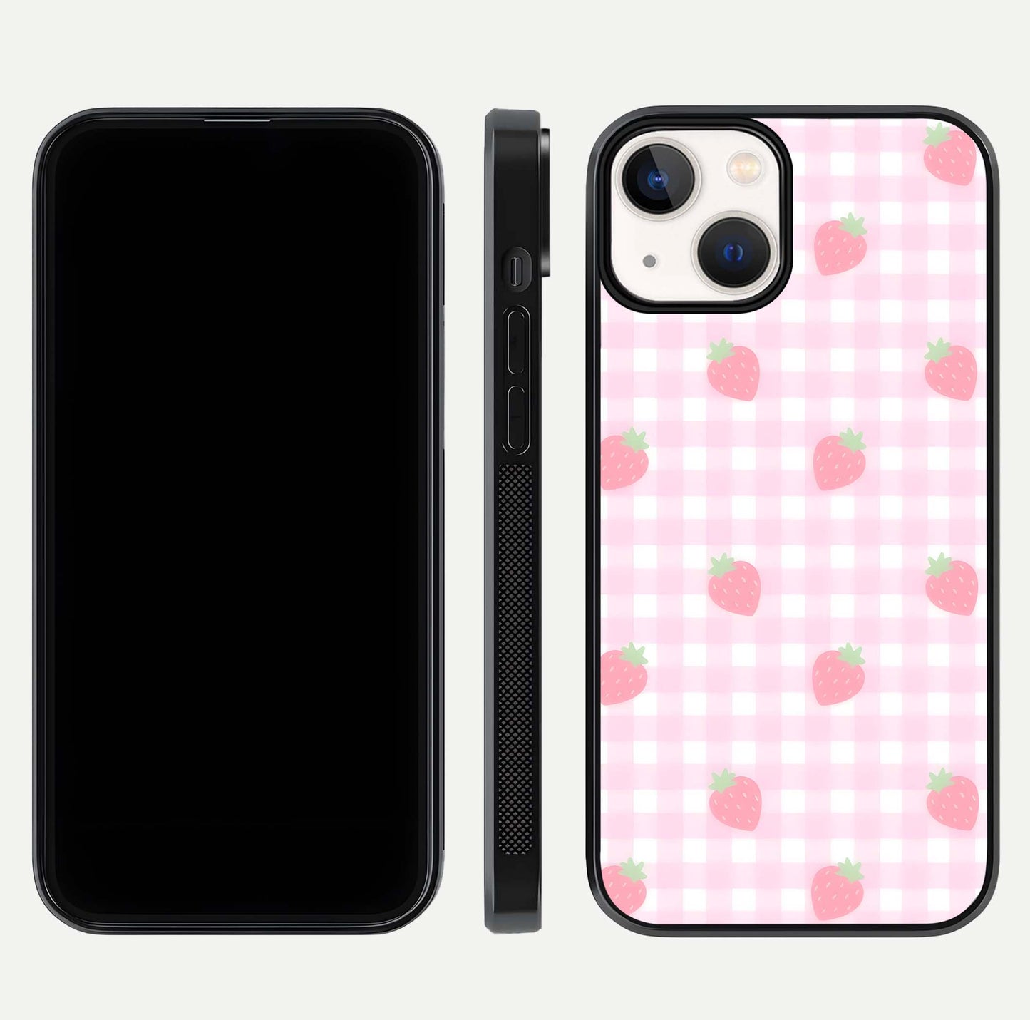 Strawberry Picnic Love iPhone 13 Mini glass phone case front and side layout view showing slim profile and full picnic design