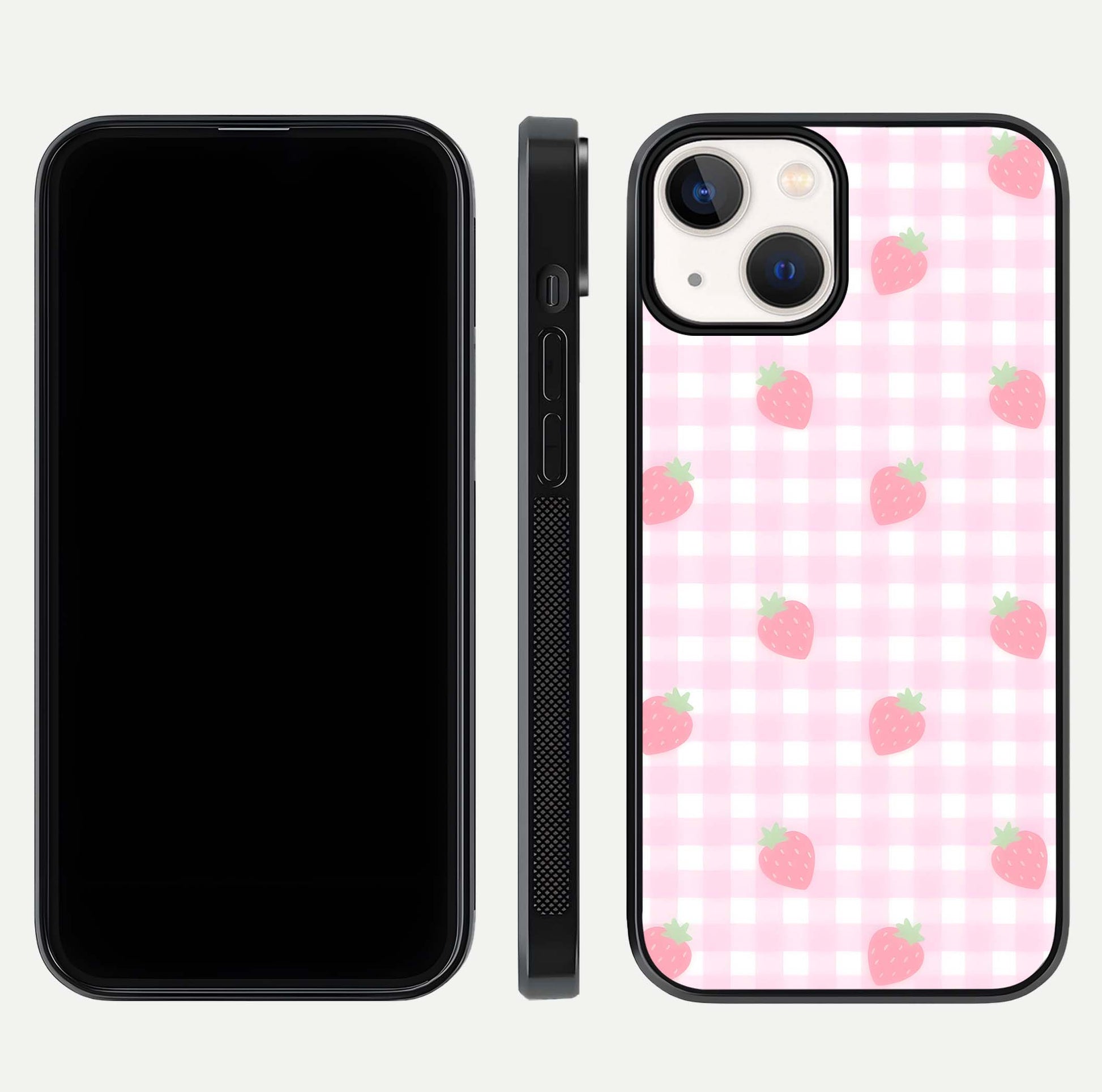 Strawberry Picnic Love iPhone 13 Mini glass phone case front and side layout view showing slim profile and full picnic design