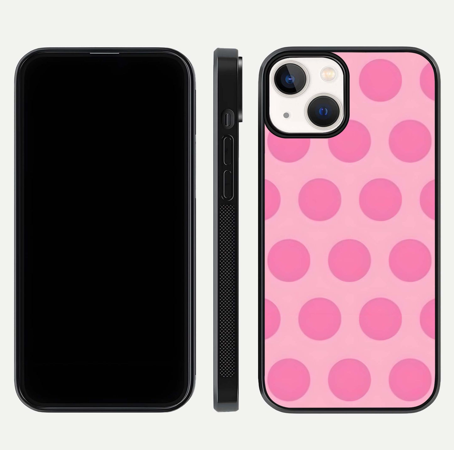 Sweet Dot Dreams iPhone 13 Mini glass phone case front and side layout view displaying slim build and full dot design