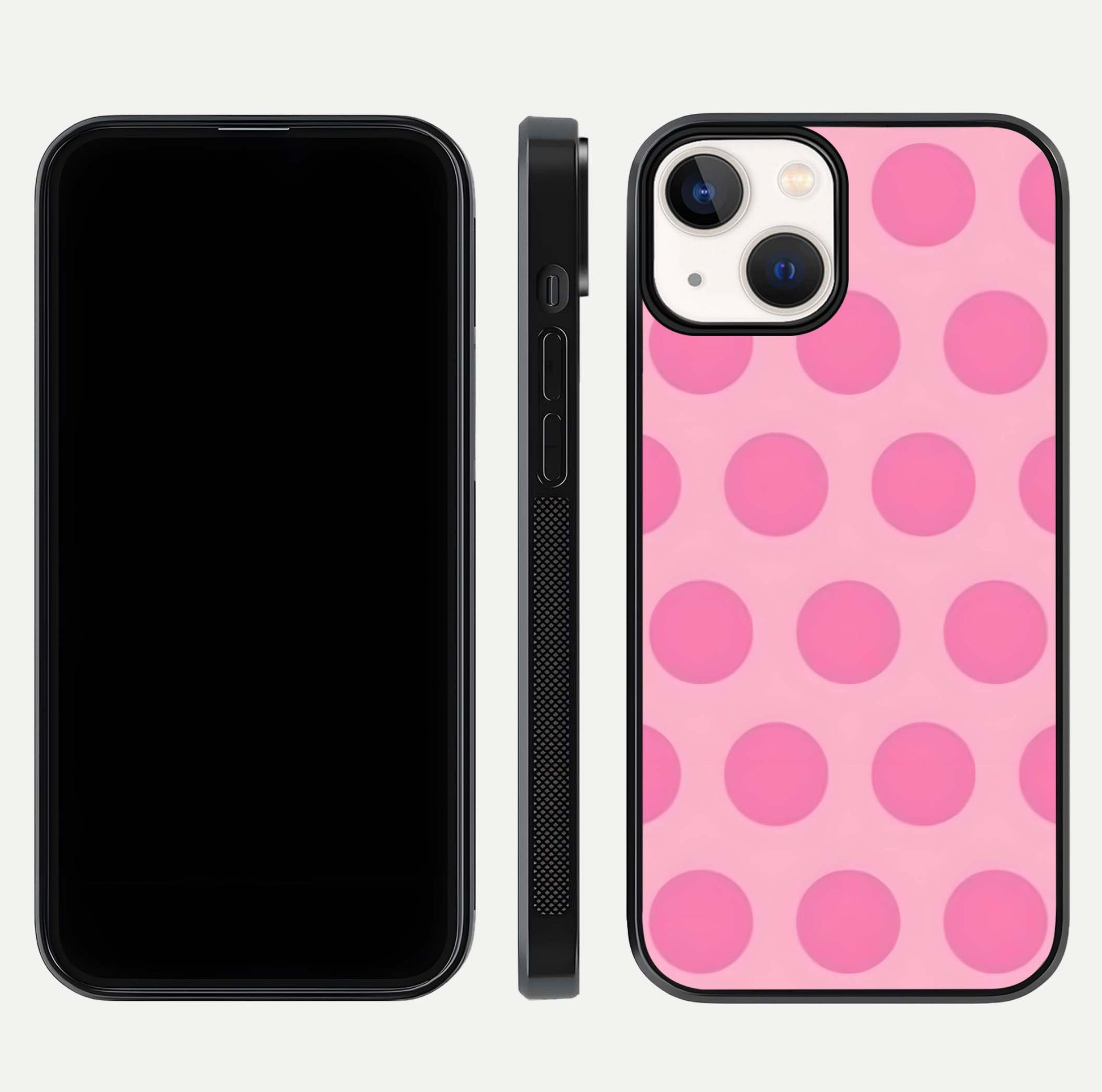 Sweet Dot Dreams iPhone 13 Mini glass phone case front and side layout view displaying slim build and full dot design