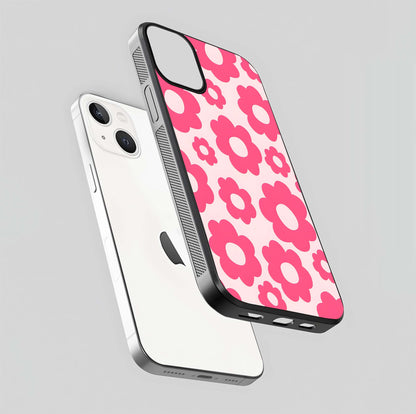 Blush Flower Pop iPhone 13 Mini glass phone case floating view emphasizing premium build and vibrant flower artwork