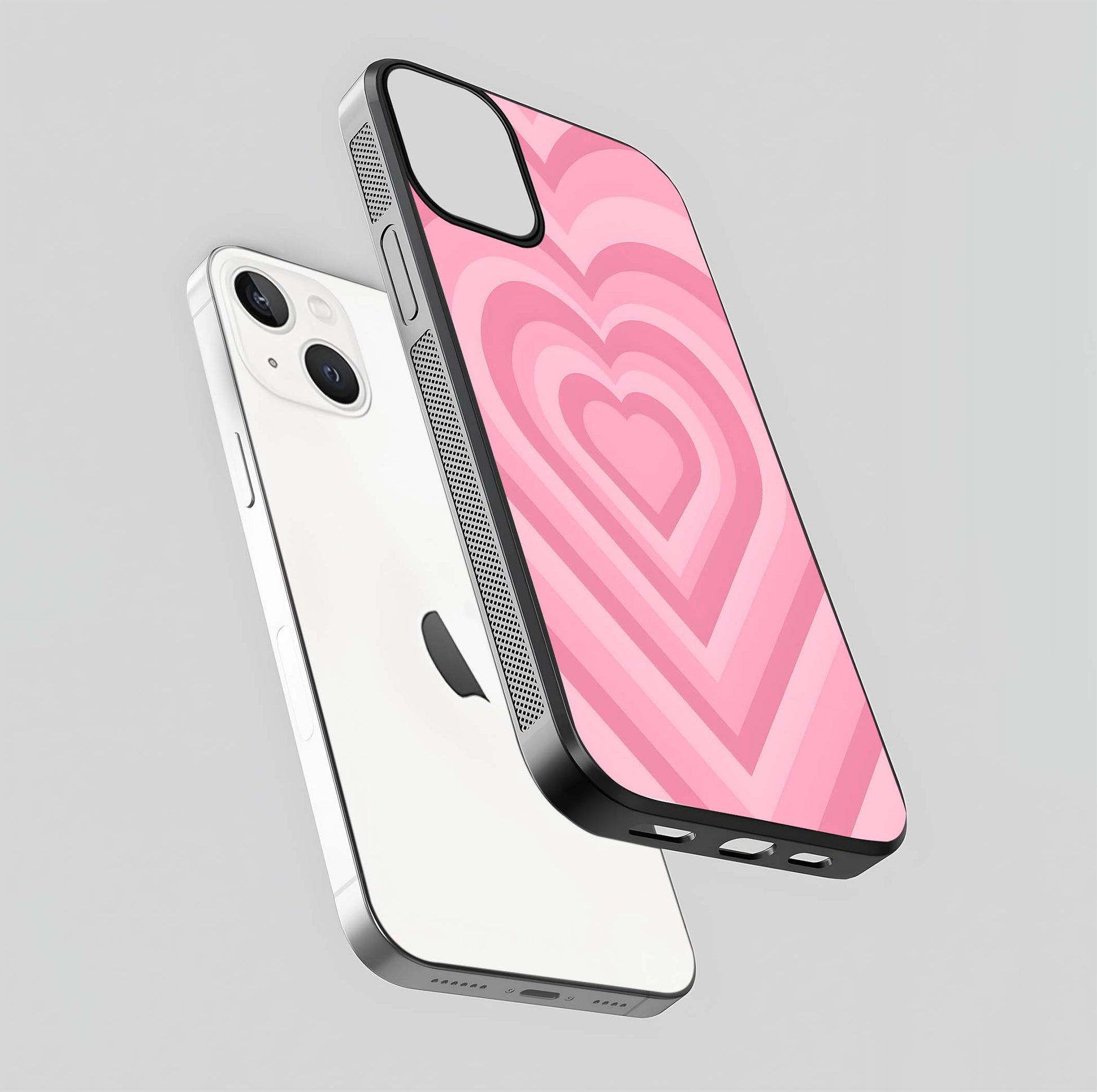 Blush Heart Waves iPhone 13 Mini glass phone case floating view emphasizing glossy finish and layered heart design