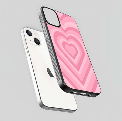Blush Heart Waves iPhone 13 Mini glass phone case floating view emphasizing glossy finish and layered heart design
