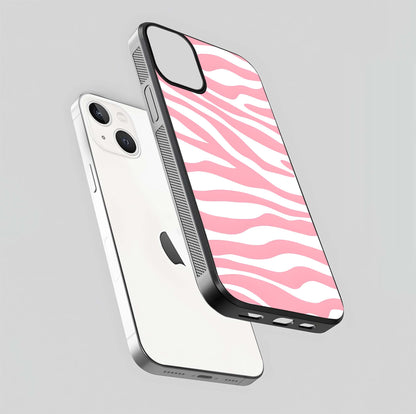 Blush Zebra Flow iPhone 13 Mini glass phone case floating view emphasizing premium glossy surface and dynamic design
