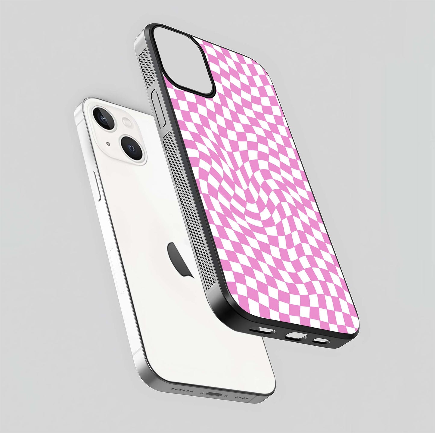 Bubblegum Check Wave iPhone 13 Mini glass phone case floating view emphasizing premium glass finish and vibrant design