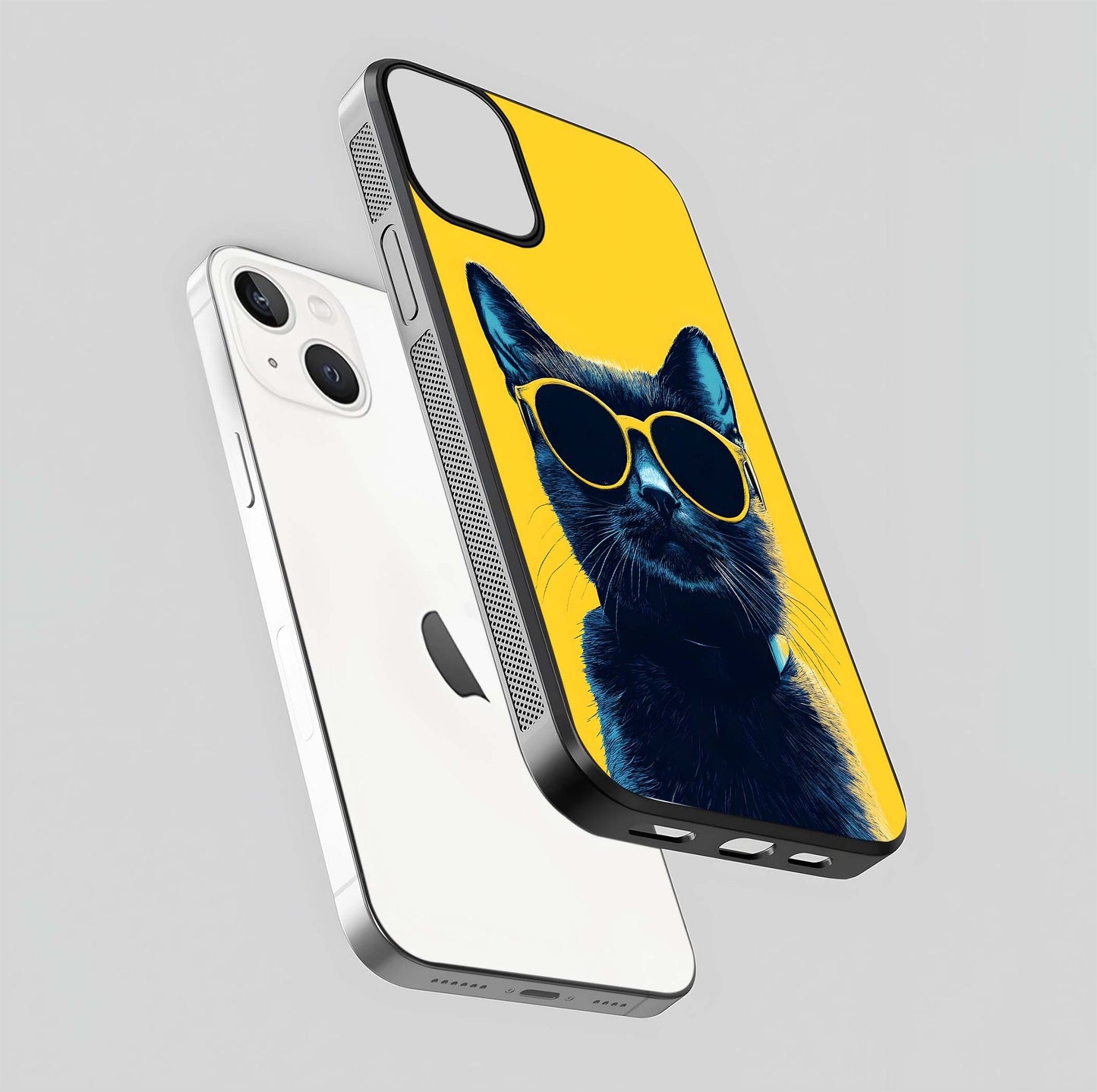 Cool Cat Vibes iPhone 13 Mini glass phone case floating view emphasizing glossy finish and fun cat vibe