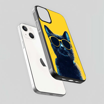 Cool Cat Vibes iPhone 13 Mini glass phone case floating view emphasizing glossy finish and fun cat vibe