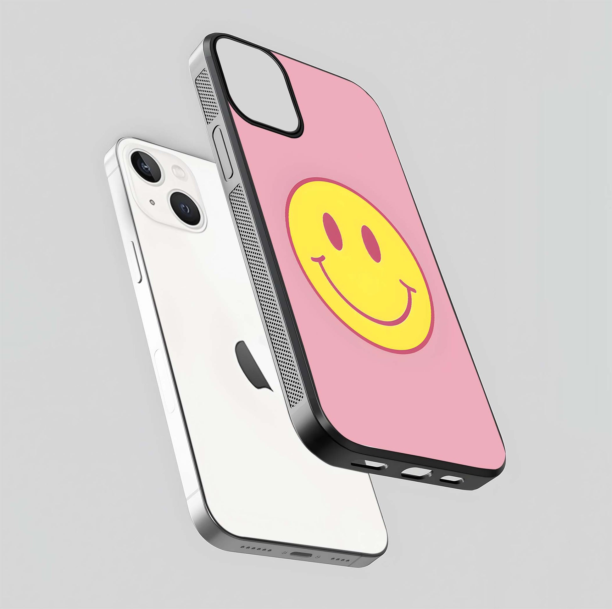 Happy Pink Mood iPhone 13 Mini glass phone case floating view emphasizing glossy finish and joyful color palette