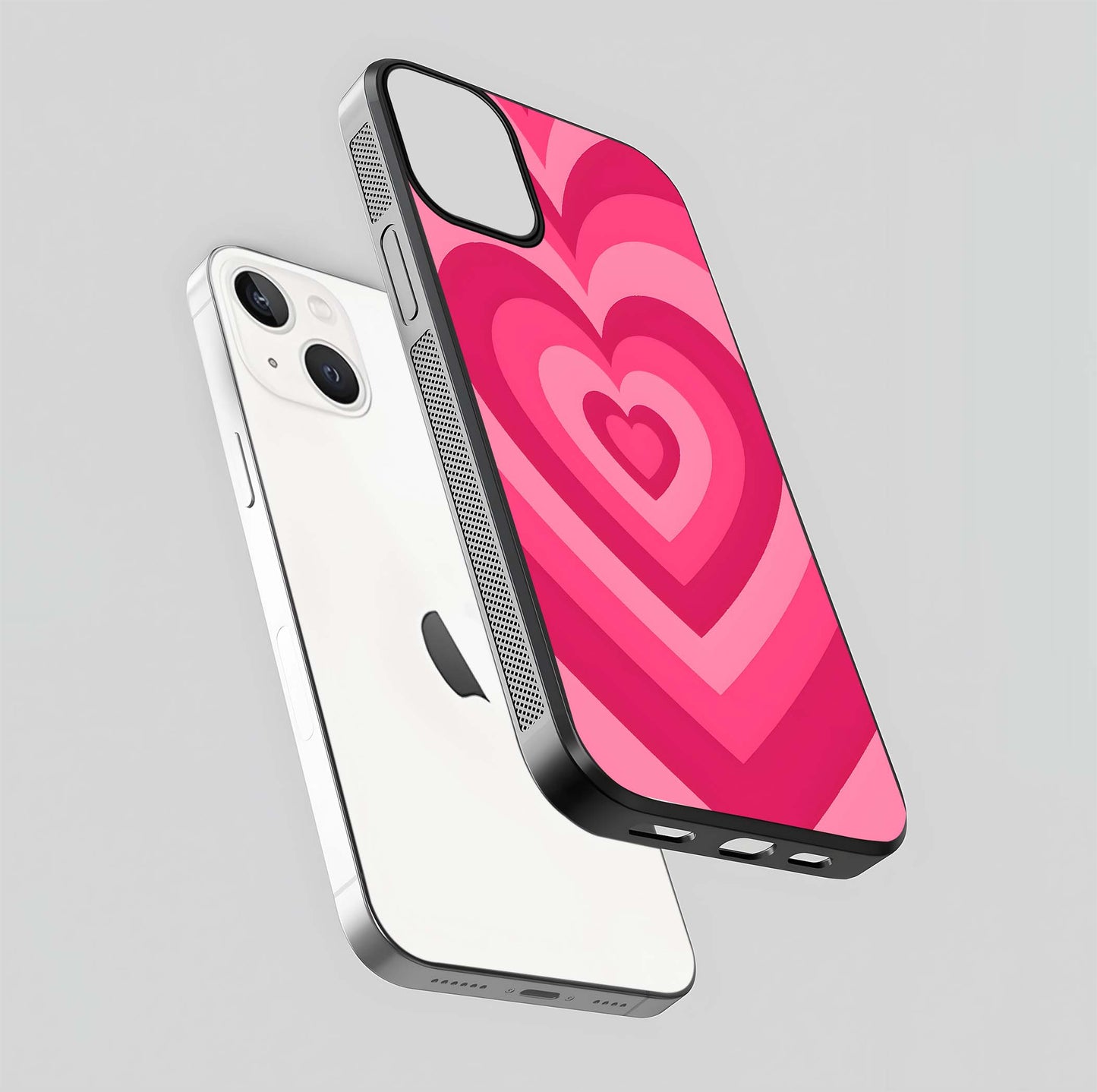 Layered Love Hearts iPhone 13 Mini glass phone case floating view emphasizing glossy surface and layered heart details