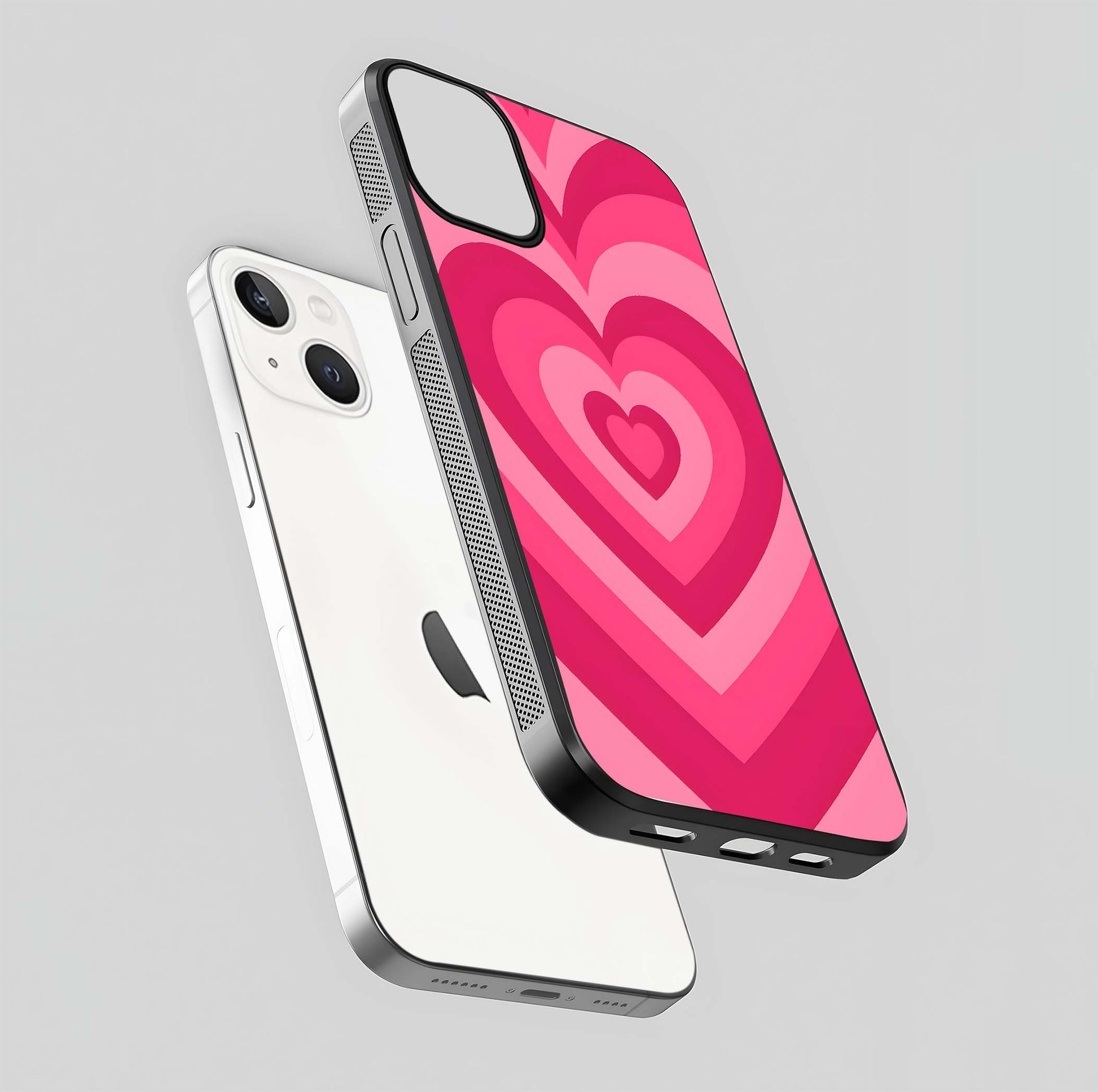 Layered Love Hearts iPhone 13 Mini glass phone case floating view emphasizing glossy surface and layered heart details