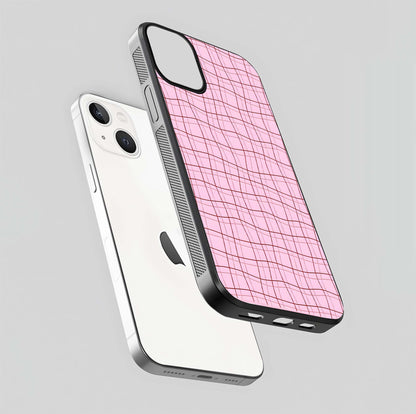 Soft Grid Bliss iPhone 13 Mini glass phone case floating view emphasizing glossy surface and minimal styling
