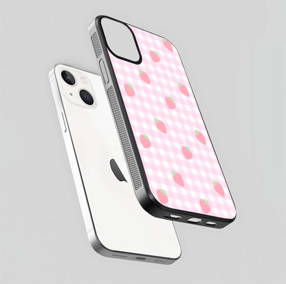 Strawberry Picnic Love iPhone 13 Mini glass phone case floating view emphasizing glossy finish and playful charm