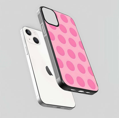 Sweet Dot Dreams iPhone 13 Mini glass phone case floating view emphasizing glossy surface and soft playful styling