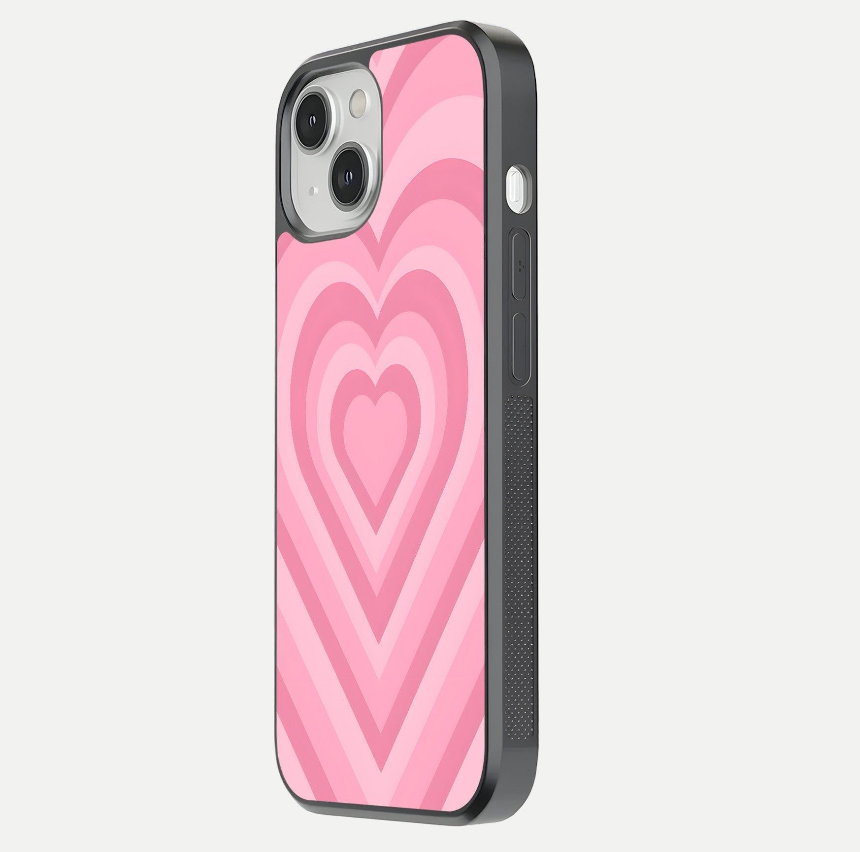 Blush Heart Waves iPhone 13 Mini glass phone case side profile view focusing on smooth edges and elegant wrap