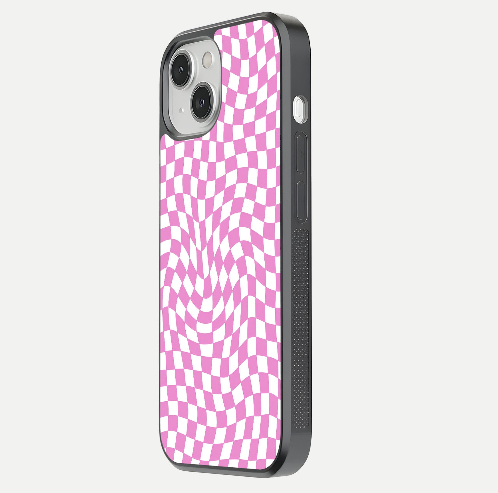 Bubblegum Check Wave iPhone 13 Mini glass phone case side profile view focusing on smooth edges and seamless wrap
