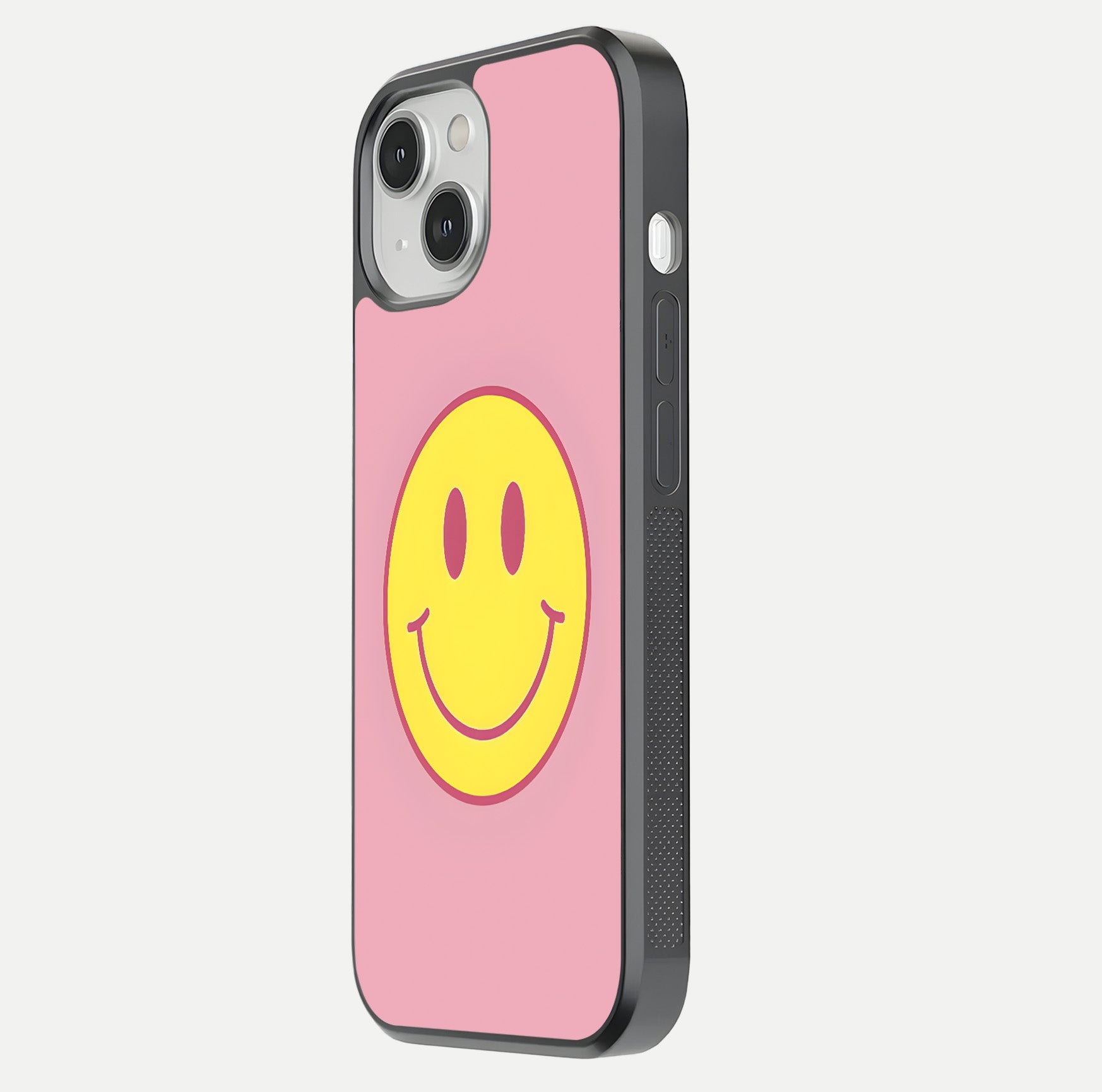 Happy Pink Mood iPhone 13 Mini glass phone case side profile view focusing on smooth frame and clean wrap