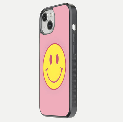 Happy Pink Mood iPhone 13 Mini glass phone case side profile view focusing on smooth frame and clean wrap