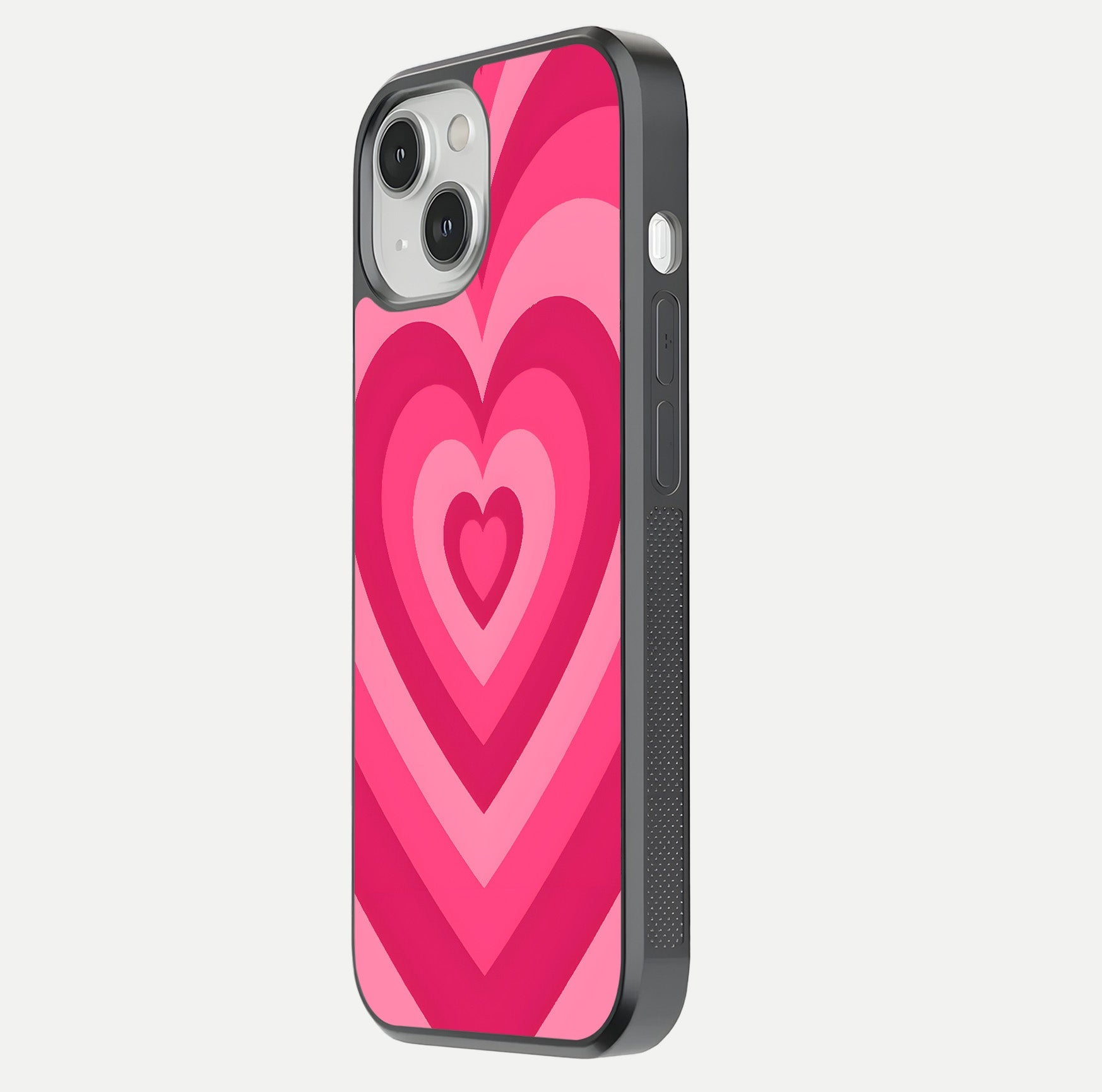Layered Love Hearts iPhone 13 Mini glass phone case side profile view focusing on sleek edges and seamless wrap