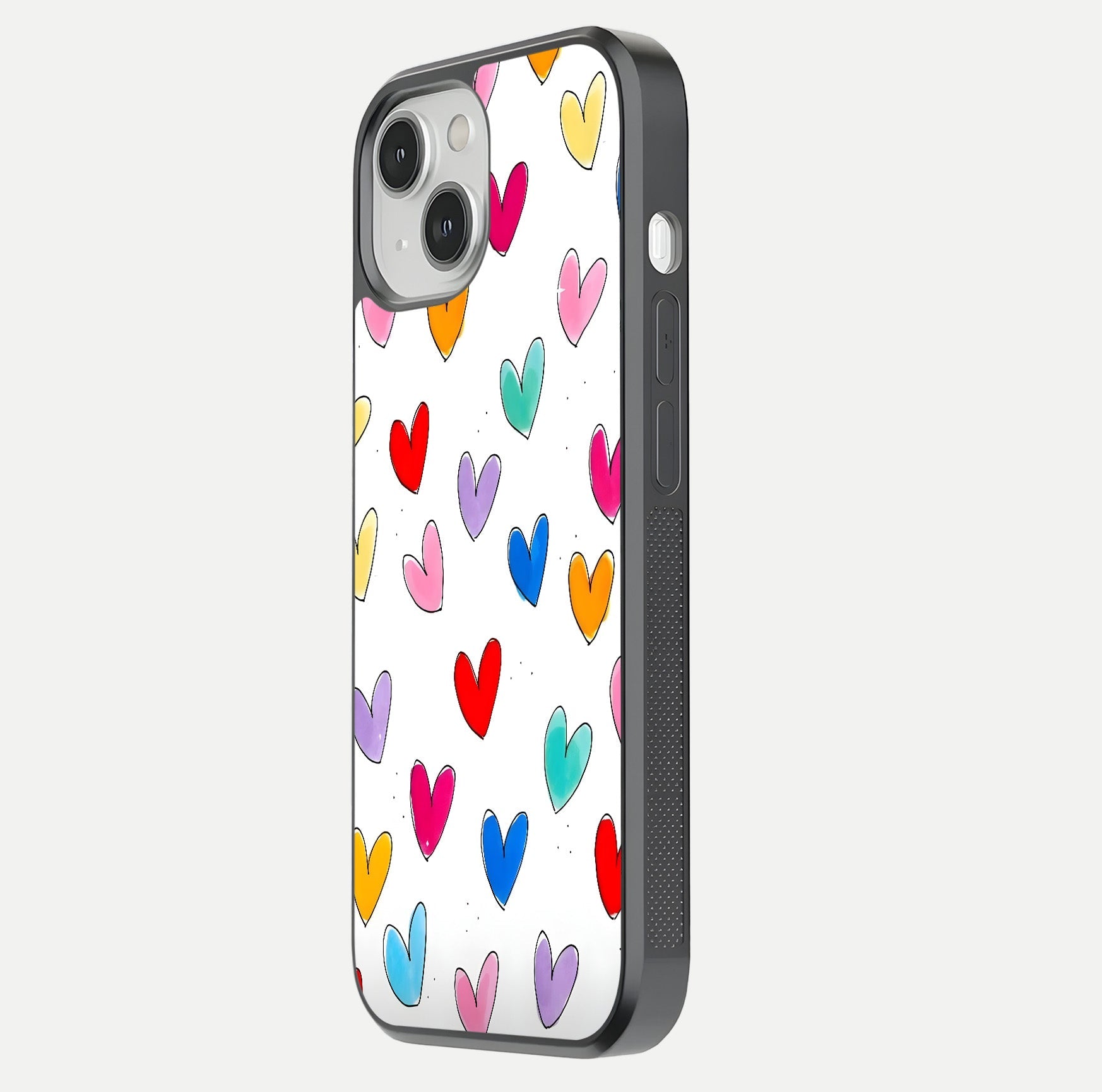 Playful Love Doodles iPhone 13 Mini glass phone case side profile view focusing on smooth frame and seamless wrap