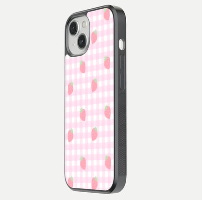 Strawberry Picnic Love iPhone 13 Mini glass phone case side profile view focusing on smooth frame and seamless wrap