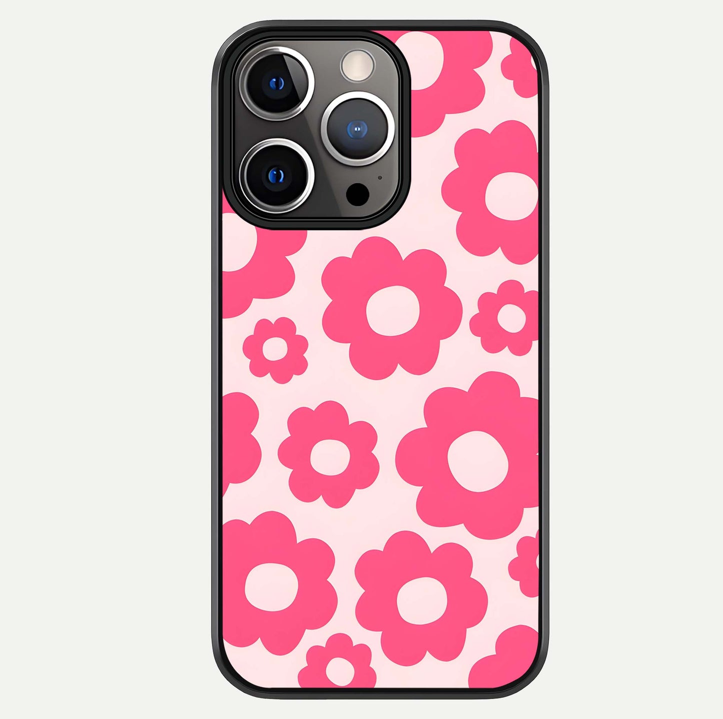 Blush Flower Pop iPhone 13 Pro glass phone case front view featuring playful blush floral artwork with glossy finish