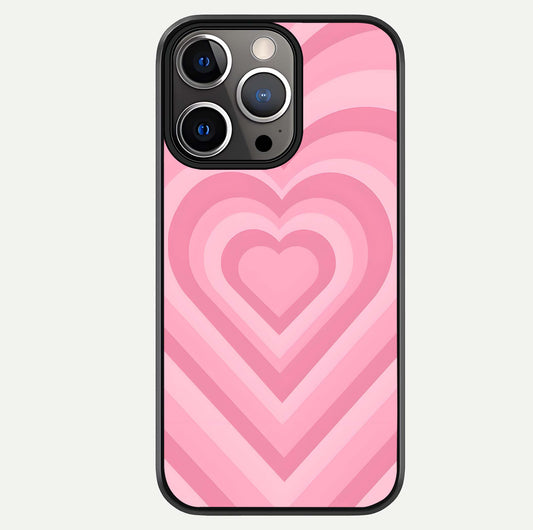 Blush Heart Waves iPhone 13 Pro glass phone case front view showcasing flowing heart wave patterns in soft blush tones