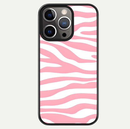 Blush Zebra Flow iPhone 13 Pro glass phone case front view featuring modern zebra flow pattern in blush tones