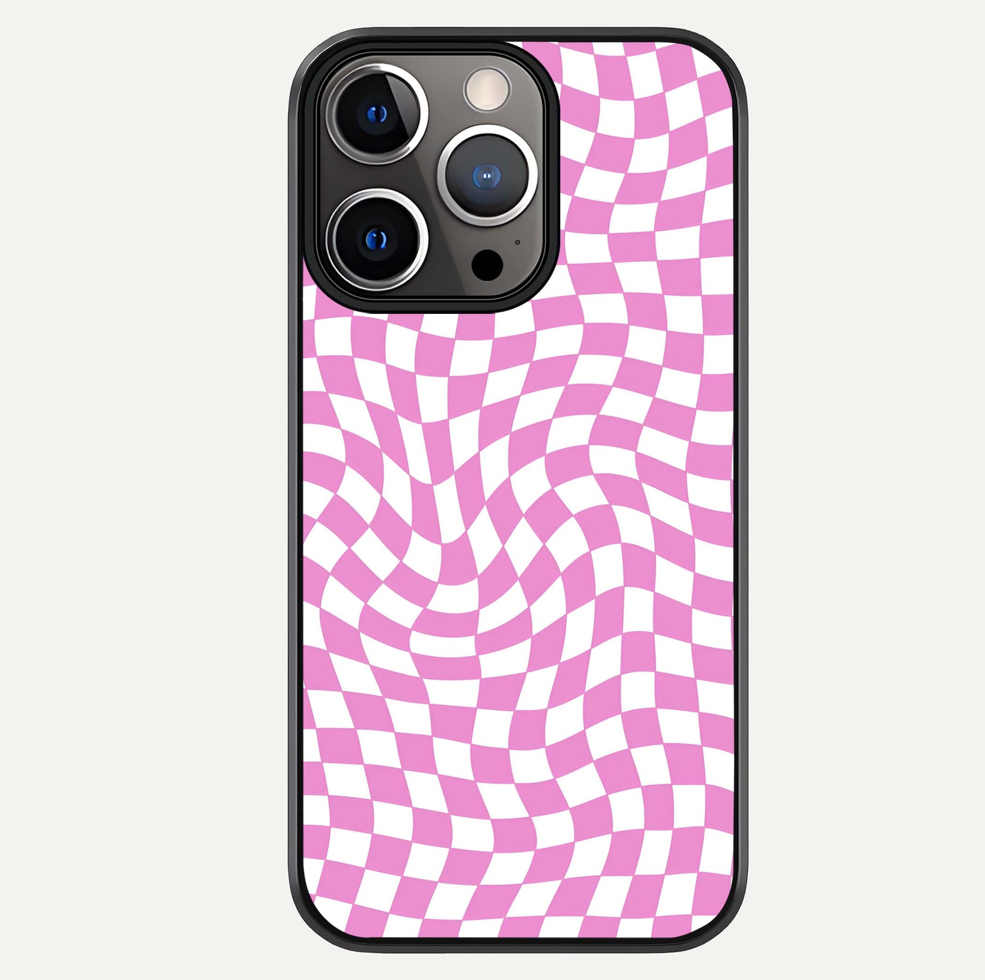Bubblegum Check Wave iPhone 13 Pro glass phone case front view showcasing playful bubblegum check wave pattern with glossy finish