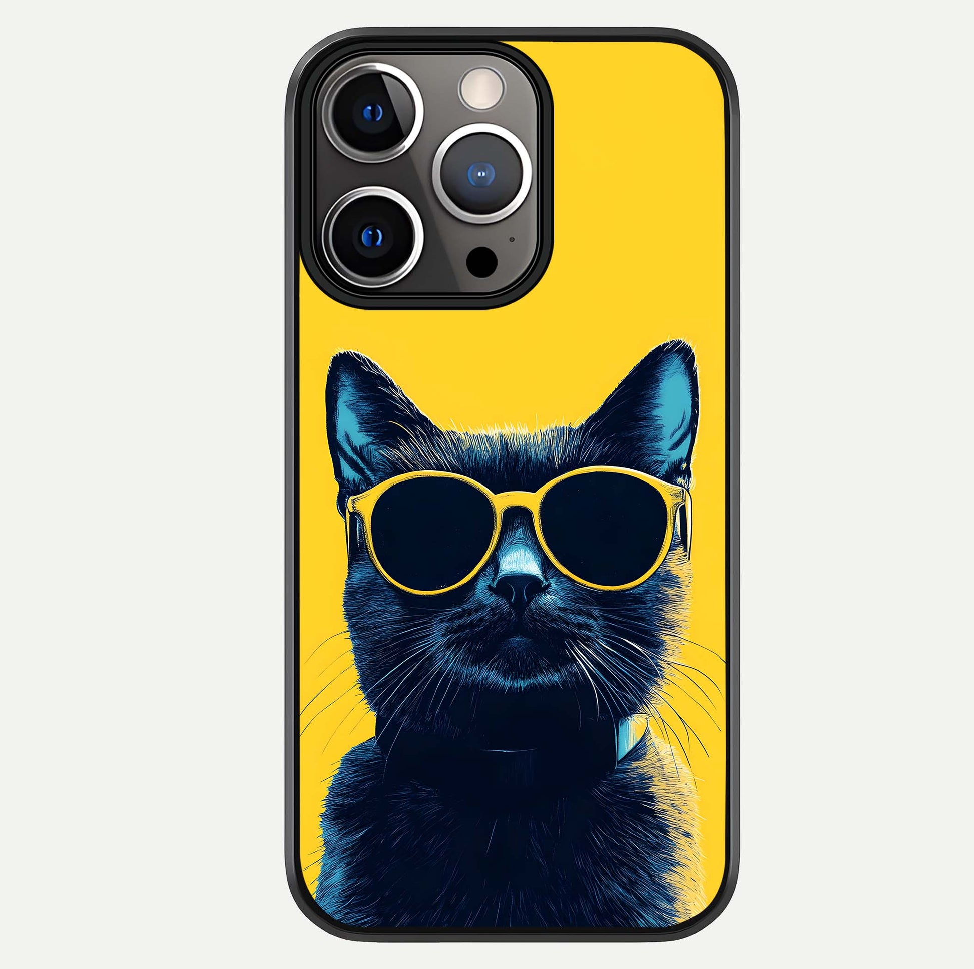 Cool Cat Vibes iPhone 13 Pro glass phone case front view featuring playful cat illustration with cool aesthetic tones