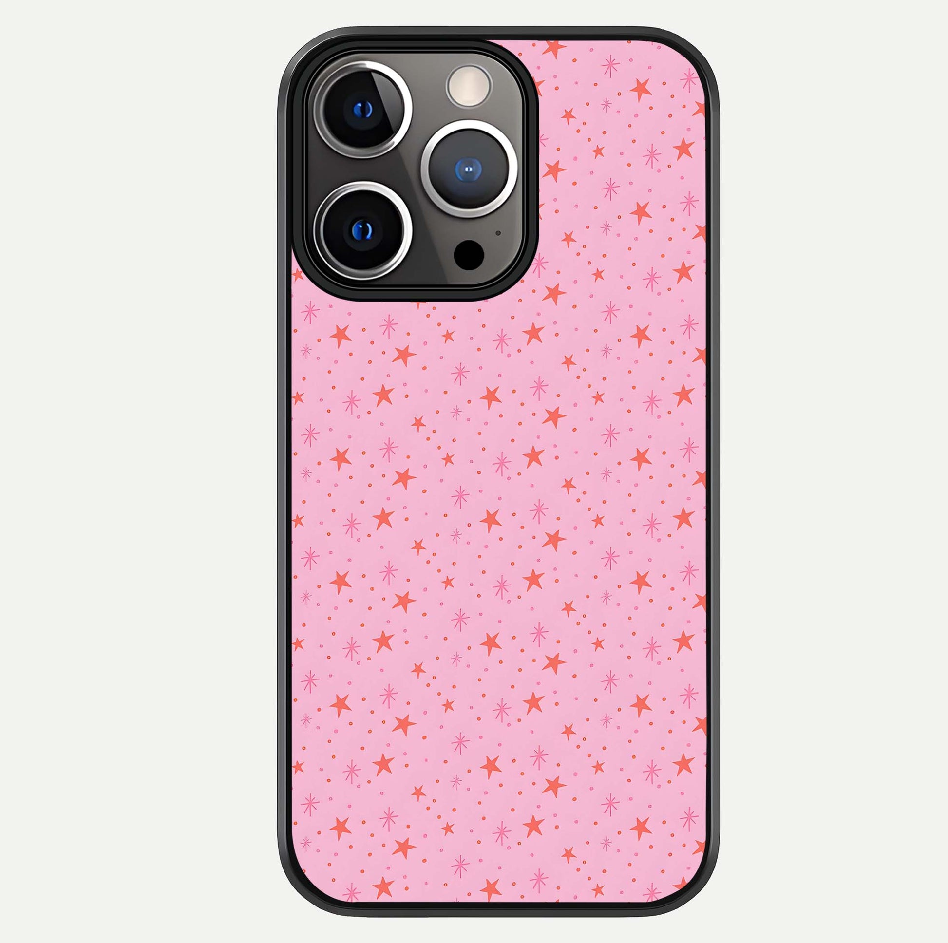 Cosmic Pink Sparkle iPhone 13 Pro glass phone case front view showcasing shimmering pink cosmic artwork with glossy finish