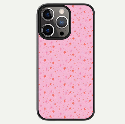 Cosmic Pink Sparkle iPhone 13 Pro glass phone case front view showcasing shimmering pink cosmic artwork with glossy finish