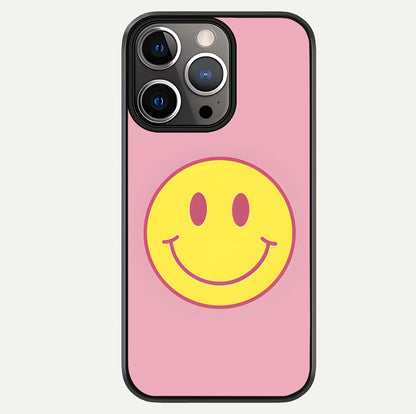 Happy Pink Mood iPhone 13 Pro glass phone case front view featuring cheerful pink tones and playful aesthetic design