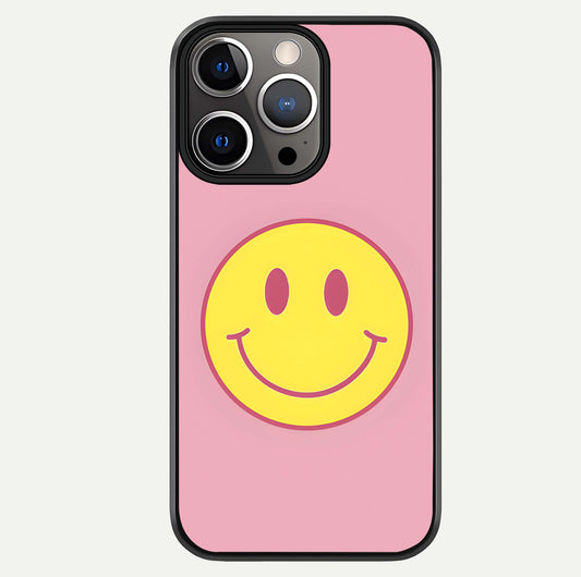 Happy Pink Mood iPhone 13 Pro glass phone case front view featuring cheerful pink tones and playful aesthetic design