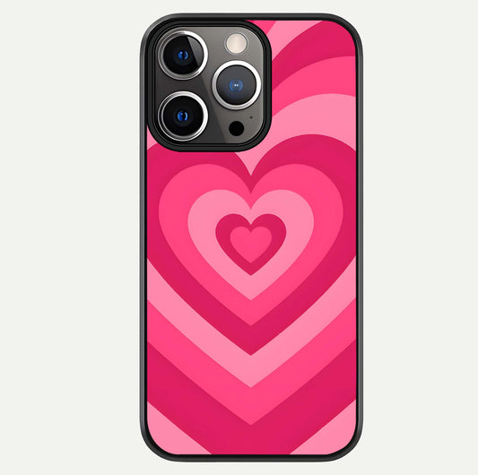 Layered Love Hearts iPhone 13 Pro glass phone case front view showcasing layered heart patterns with romantic aesthetic