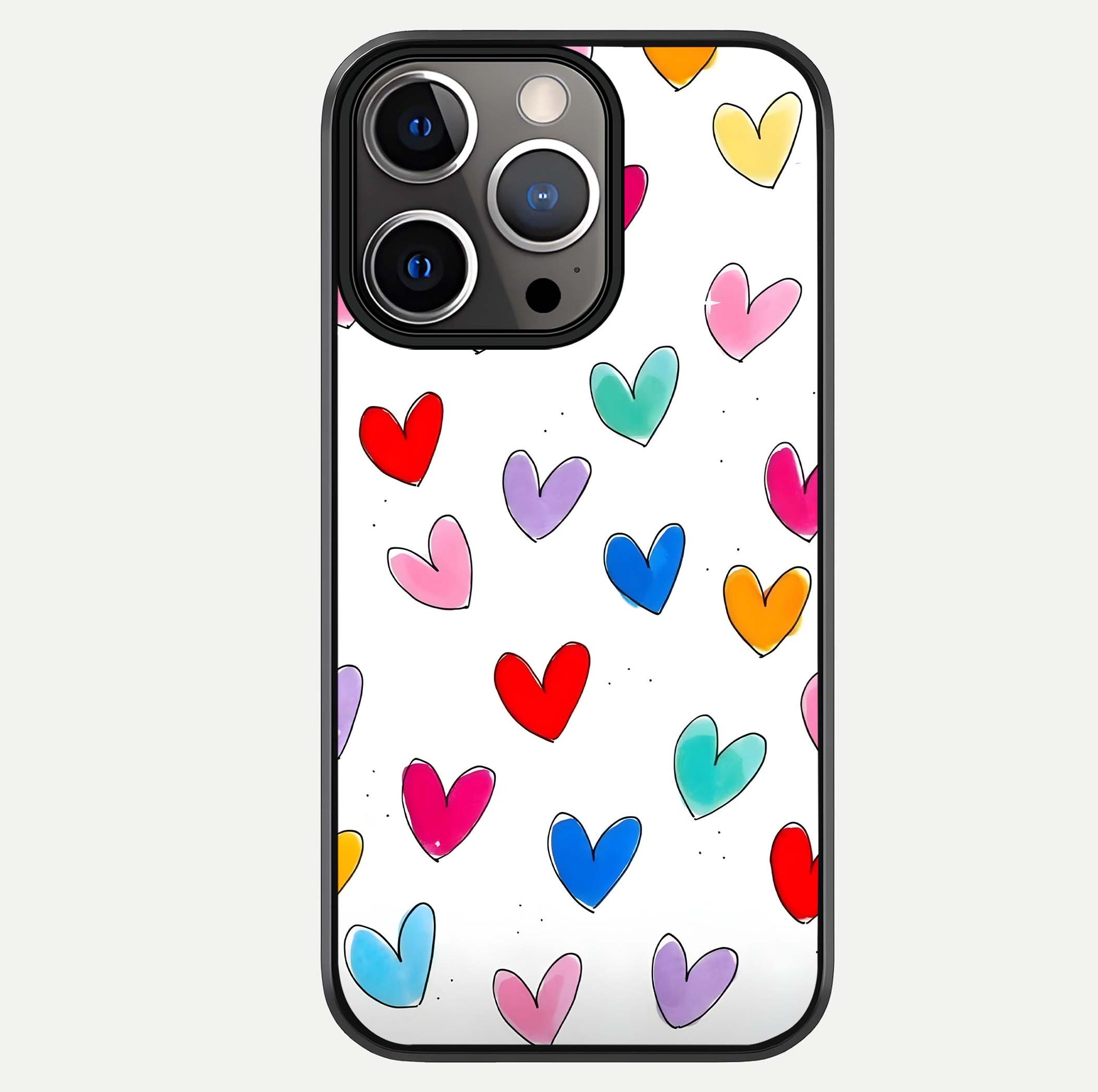 Playful Love Doodles iPhone 13 Pro glass phone case front view featuring cute love doodle illustrations with fun vibe