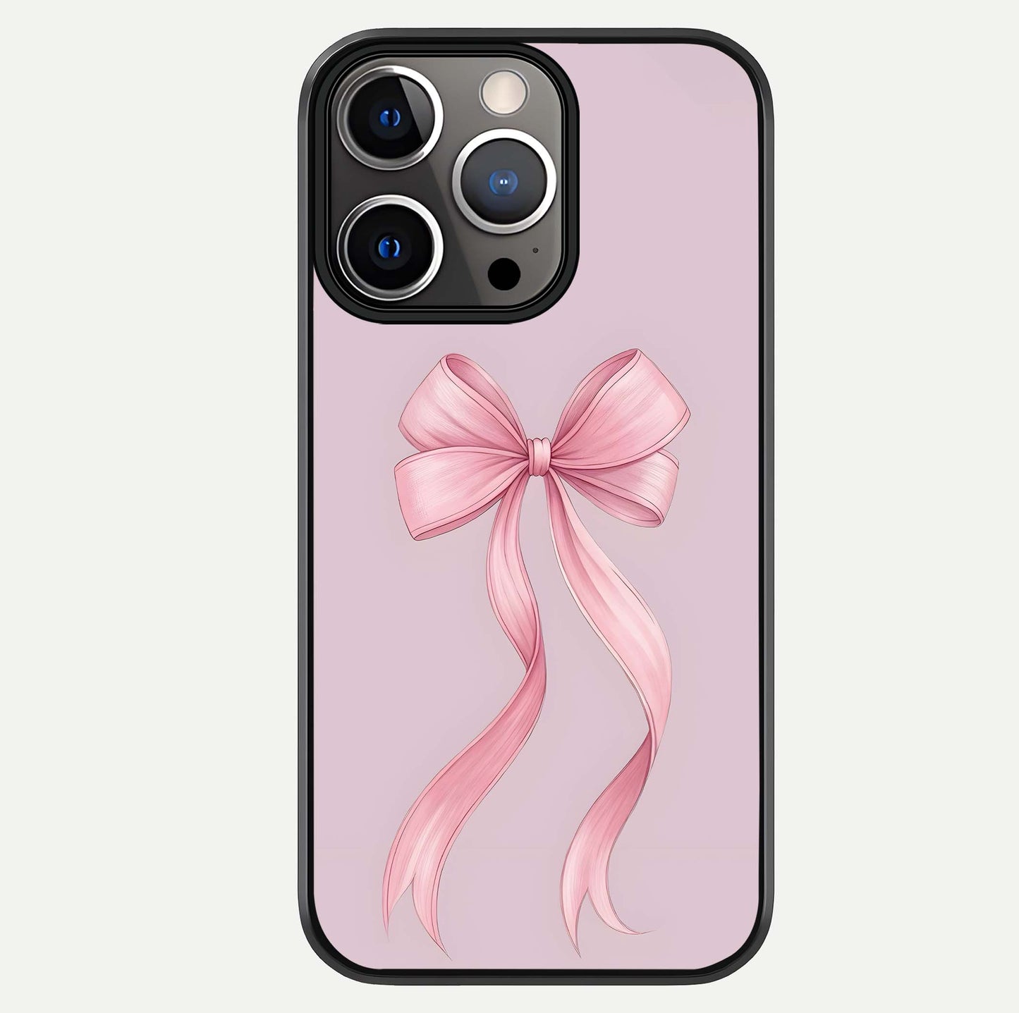 Soft Blush Bow iPhone 13 Pro glass phone case front view showcasing soft blush tones with elegant bow design