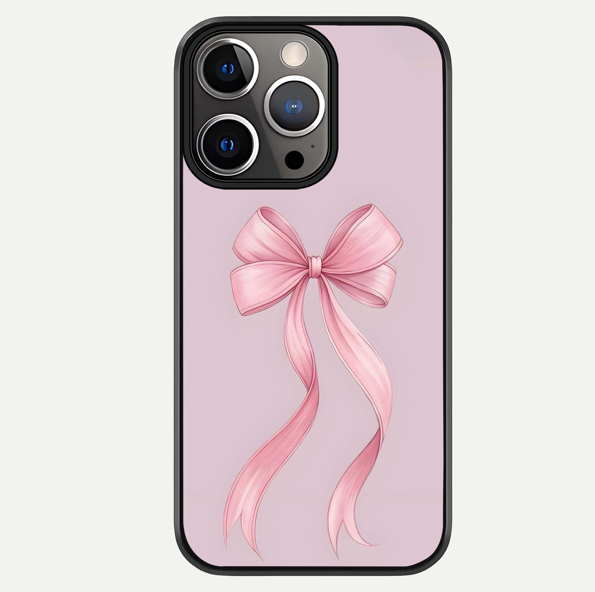 Soft Blush Bow iPhone 13 Pro glass phone case front view showcasing soft blush tones with elegant bow design