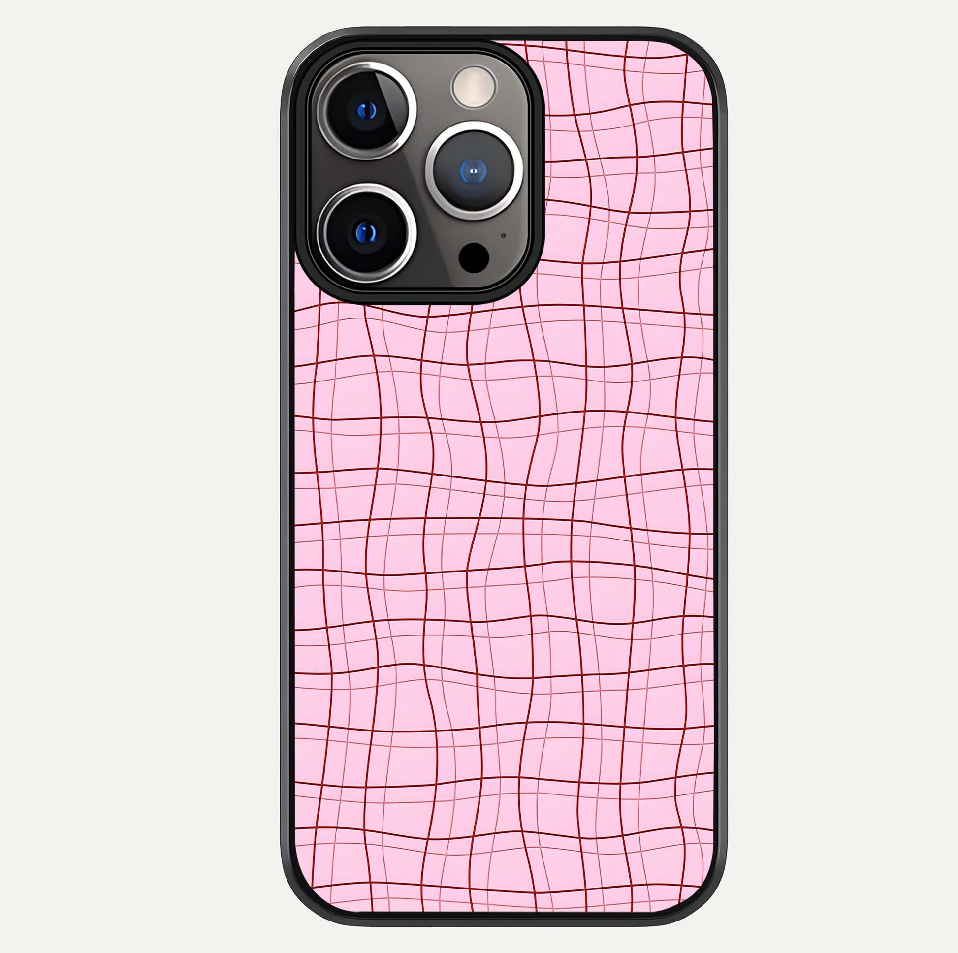 Soft Grid Bliss iPhone 13 Pro glass phone case front view showcasing minimal grid pattern with soft aesthetic