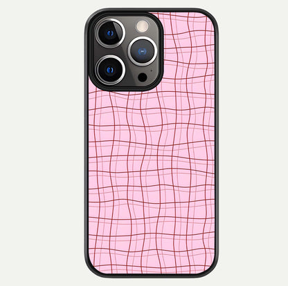 Soft Grid Bliss iPhone 13 Pro glass phone case front view showcasing minimal grid pattern with soft aesthetic