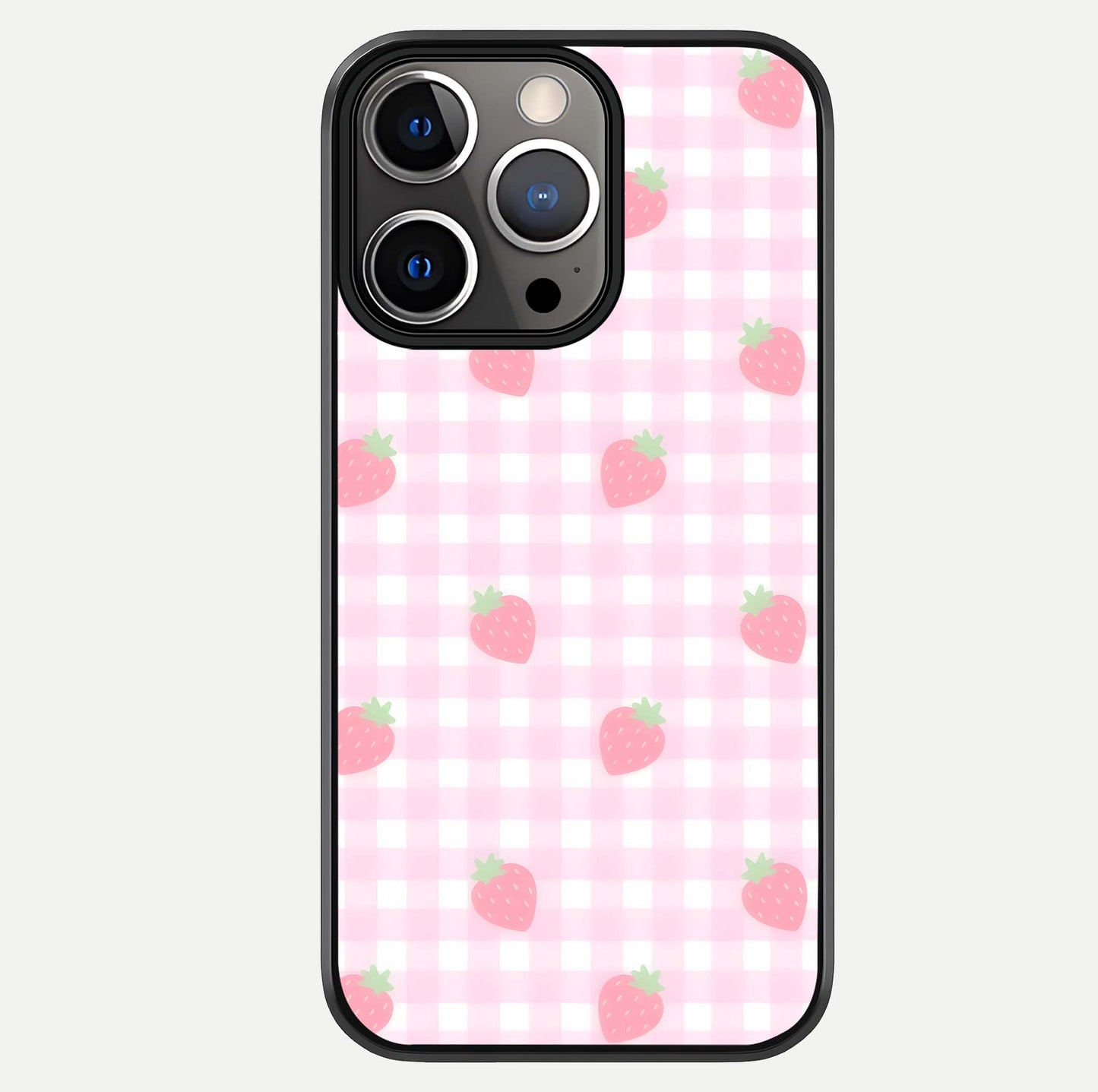 Strawberry Picnic Love iPhone 13 Pro glass phone case front view featuring cute strawberry picnic artwork with romantic vibe