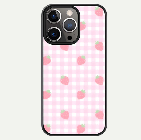 Strawberry Picnic Love iPhone 13 Pro glass phone case front view featuring cute strawberry picnic artwork with romantic vibe