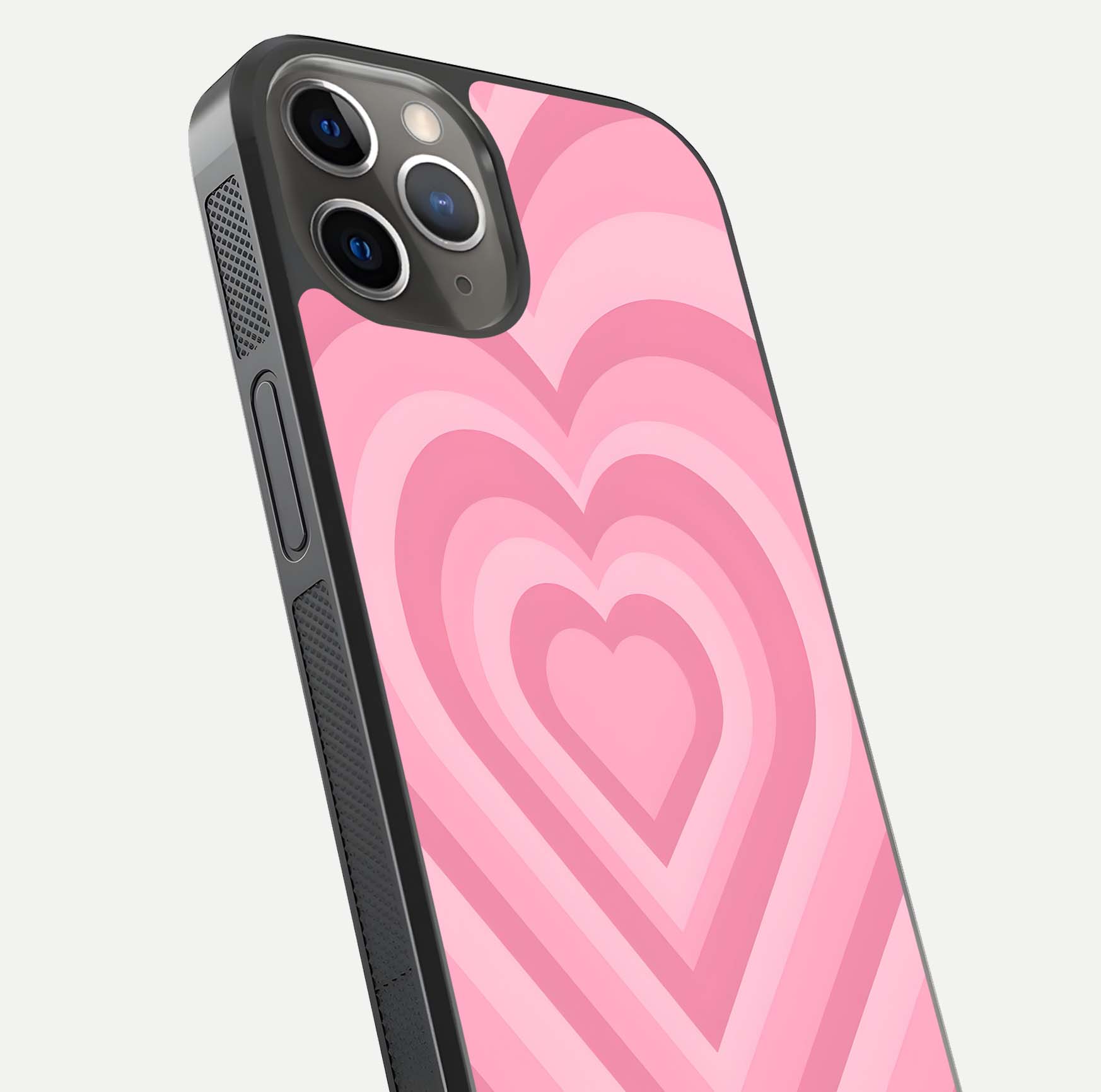 Blush Heart Waves iPhone 13 Pro glass phone case angled back view highlighting romantic heart wave artwork and grip texture