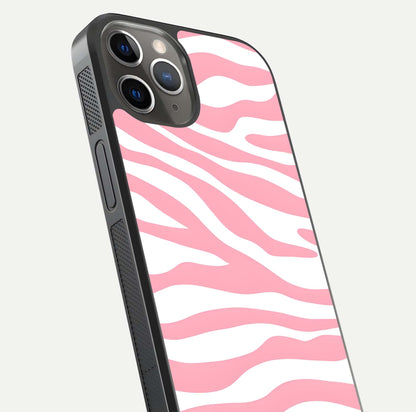 Blush Zebra Flow iPhone 13 Pro glass phone case angled back view highlighting bold zebra artwork and textured side grip