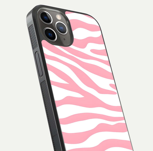 Blush Zebra Flow iPhone 13 Pro glass phone case angled back view highlighting bold zebra artwork and textured side grip